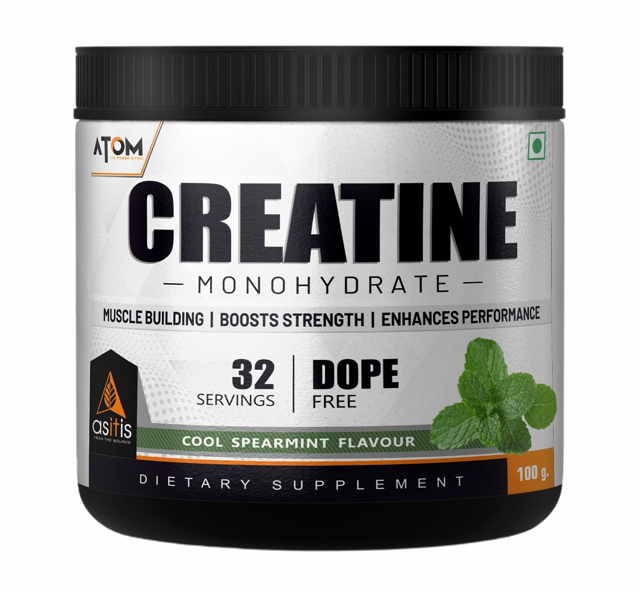 

AS-IT-IS ATOM Creatine Monohydrate - 32 Servings, Dope Free, Enhances Performance, Promotes Muscle Gains - Cool Spearmint - 100g