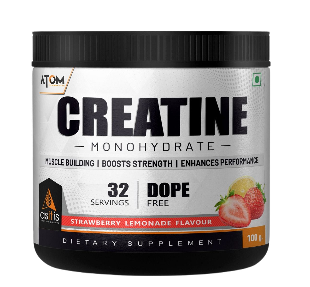 

AS-IT-IS ATOM Creatine Monohydrate - 32 Servings, Dope Free, Enhances Performance, Promotes Muscle Gains - Strawberry & Lemonade - 100g