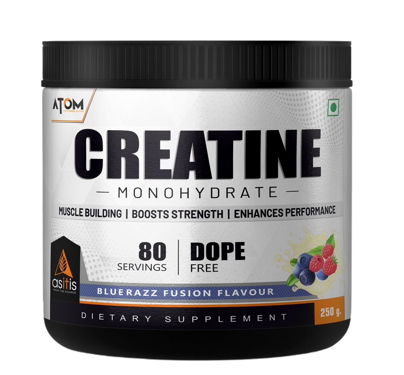 AS-IT-IS ATOM Creatine Monohydrate 250g | Blue Razz | 80 Servings | Dope Free | Enhances Performance | Promotes Muscle Gains