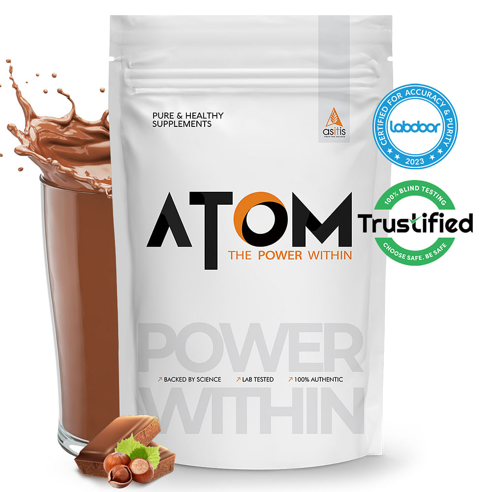 

AS-IT-IS ATOM Whey Protein 500g | 27g protein | Isolate & Concentrate | Choco Hazel Fusion | USA Labdoor Certified | With Digestive Enzymes for bet...