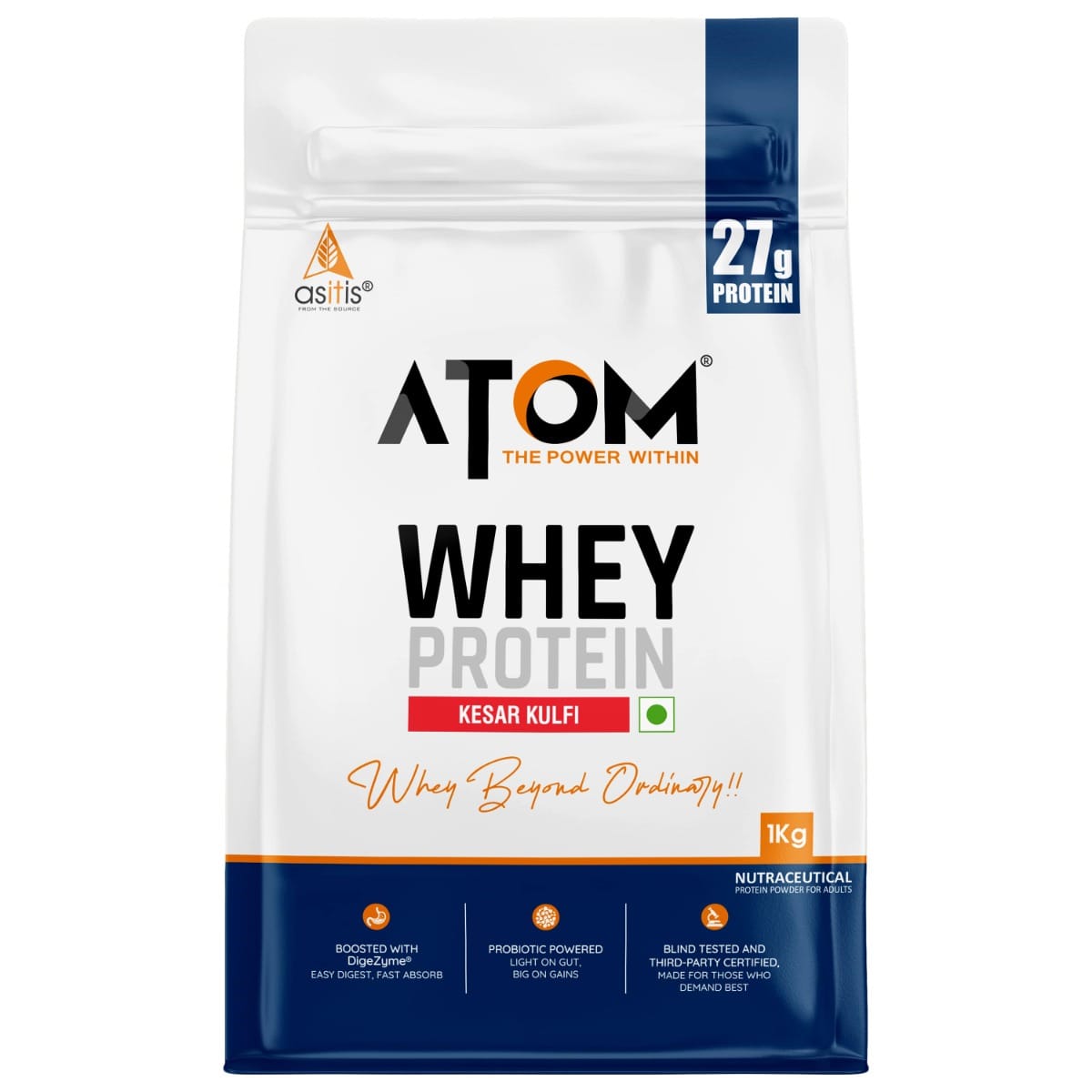 

AS-IT-IS ATOM Whey Protein with Digestive Enzymes | USA Labdoor Certified for Accuracy & Purity | 27g protein | 5.7g BCAA | Kesar Kulfi - 1kg