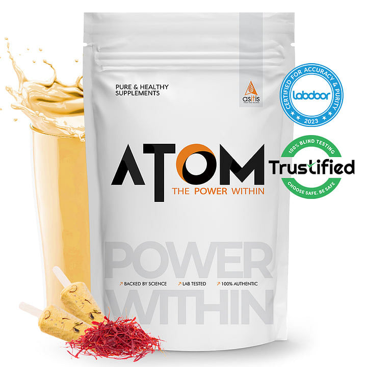 

AS-IT-IS ATOM Whey Protein with Digestive Enzymes | USA Labdoor Certified for Accuracy & Purity | 27g protein | 5.7g BCAA | Kesar Kulfi - 1kg