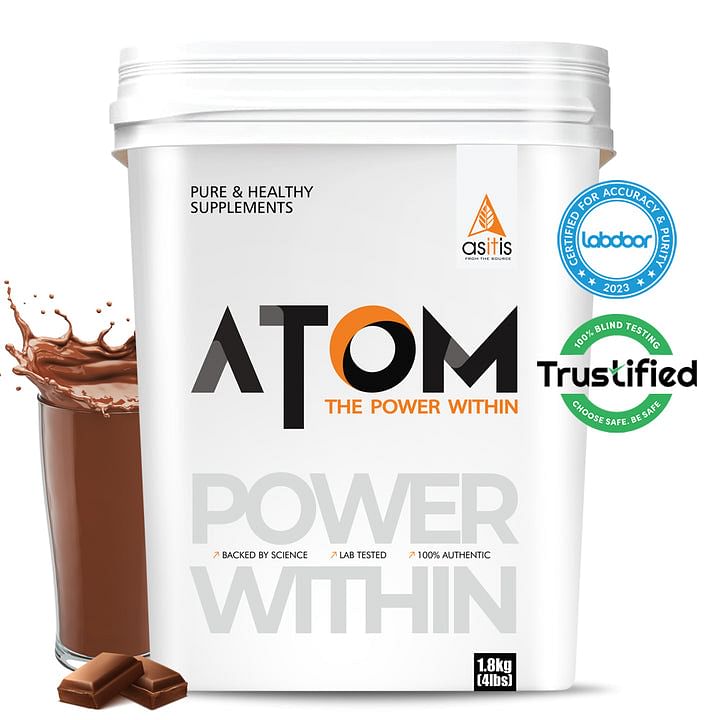 

AS-IT-IS ATOM Whey Protein with Digestive Enzymes | 27g protein | 5.7g BCAA | Lab Tested | Double Rich Chocolate - 1.8kg