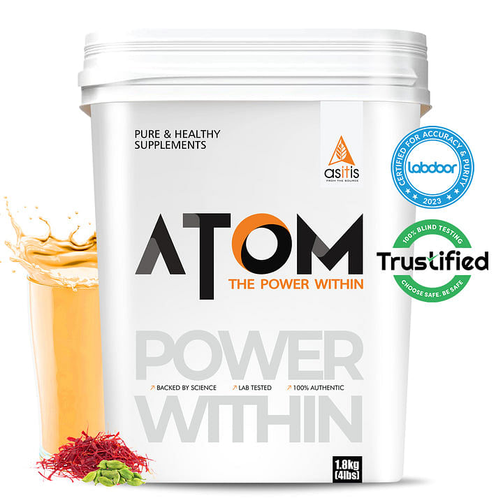 

AS-IT-IS ATOM Whey Protein with Digestive Enzymes | 27g protein | 5.7g BCAA | Lab Tested | Kesar Elachi - 1.8kg