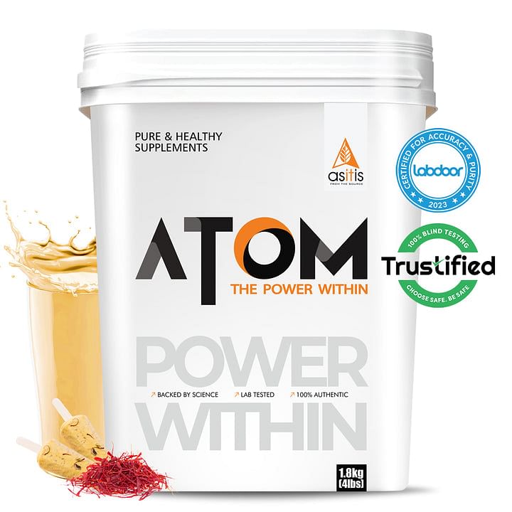 

AS-IT-IS ATOM Whey Protein with Digestive Enzymes | 27g protein | 5.7g BCAA | Lab Tested | Kesar Kulfi - 1.8kg