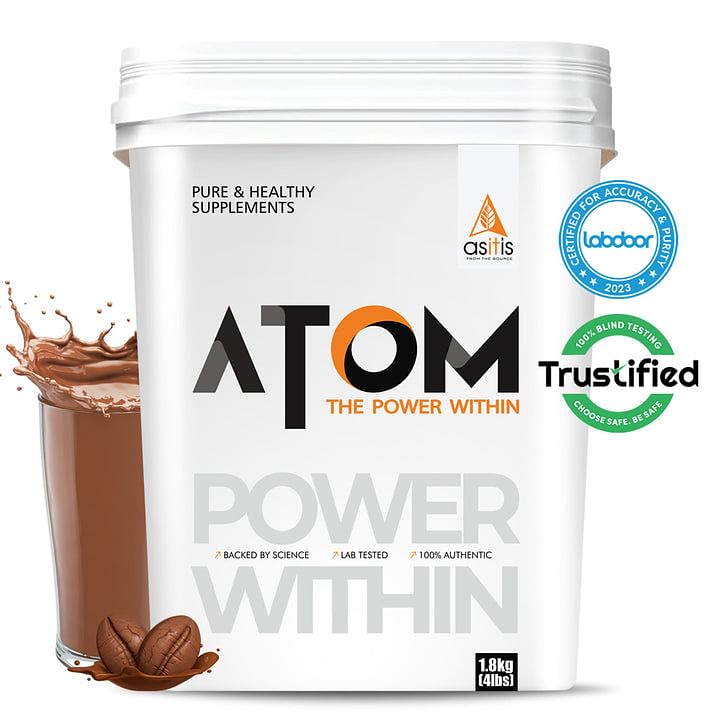 

AS-IT-IS ATOM Whey Protein with Digestive Enzymes | 27g protein | 5.7g BCAA | Lab Tested | Mocha Cappuccino - 1.8kg