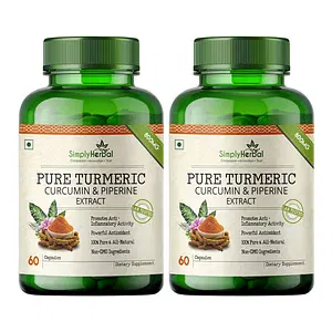 Simply Herbal Pure Curcumin with Piperine Extract 60 Veg Capsules | Pure Turmeric | Immunity Booster Tablets, Haldi Tablet, Antioxidant, Joints & Muscle Health, Glowing Skin, Curcuminoids (Pack of 2)