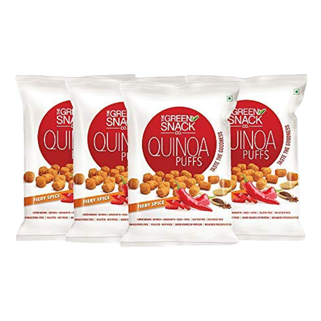 

Green Snack Co. Quinoa Puffs Fiery Spice (Pack of 4, 50g Each) | 100% Roasted Healthy Snack | Packed with Quinoa, Ragi, Soy & Amaranth |Party Pack ...