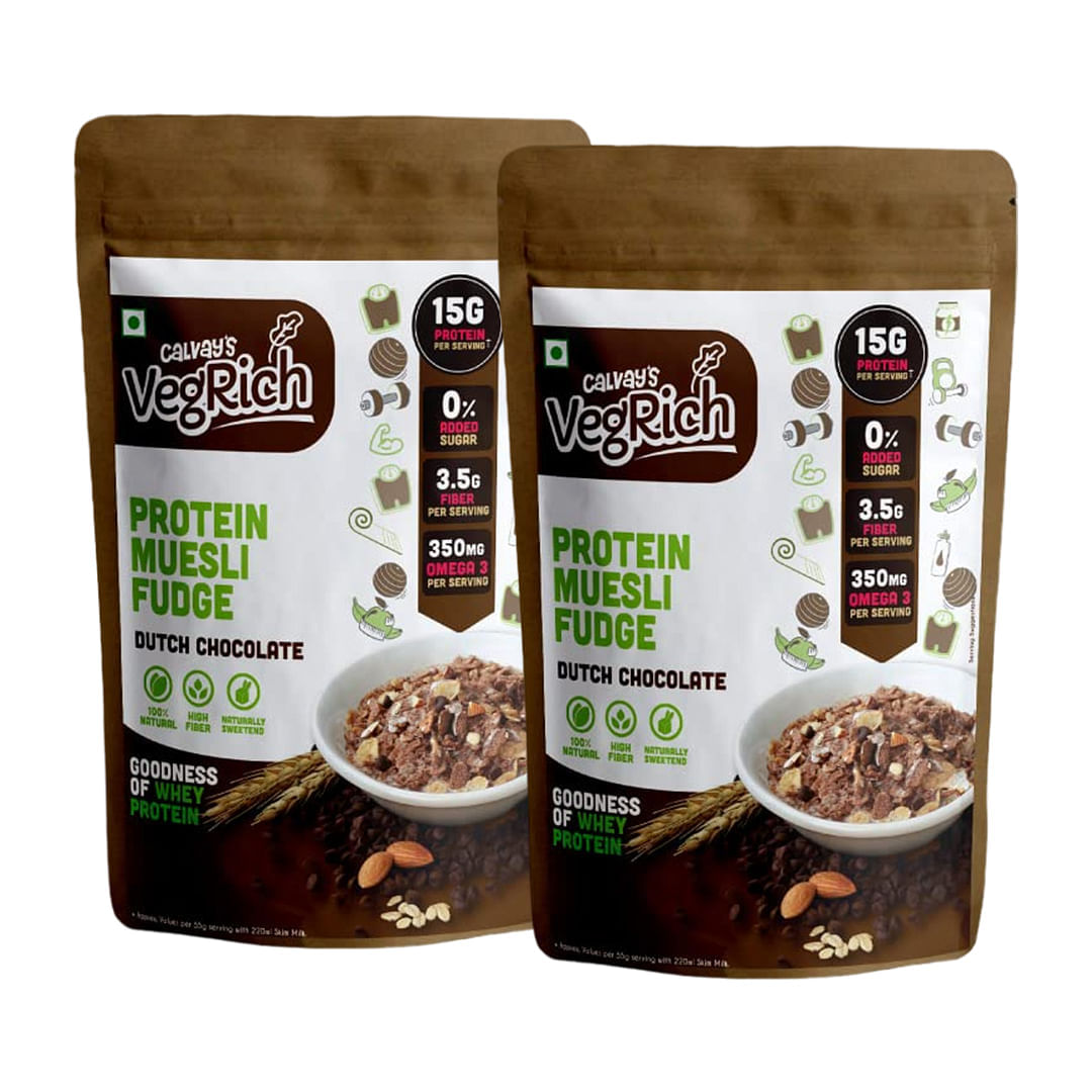 

Calvay's VegRich Protein Breakfast Muesli Dutch Chocolate | 15g Protein Added Whey Protein | Sweetened with Dates & not Sugar | (330g x 4 packs)