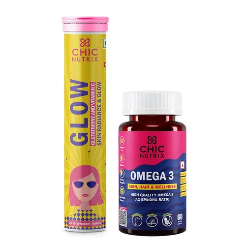 Chicnutrix Glow + Mighty Omega - Japanese Glutathione 500mg + Vitamin C Effervescent Tablets - Omega 3 Fatty Acid 1250mg Capsules - Spotless Skin, Smooth Skin, Skin Glow - No Added Sugar - Burpless Omega 3 Chicnutrix Glow + Mighty Omega - Japanese Glutathione 500mg + Vitamin C Effervescent Tablets - Omega 3 Fatty Acid 1250mg Capsules - Spotless Skin, Smooth Skin, Skin Glow - No Added Sugar - Burpless Omega 3