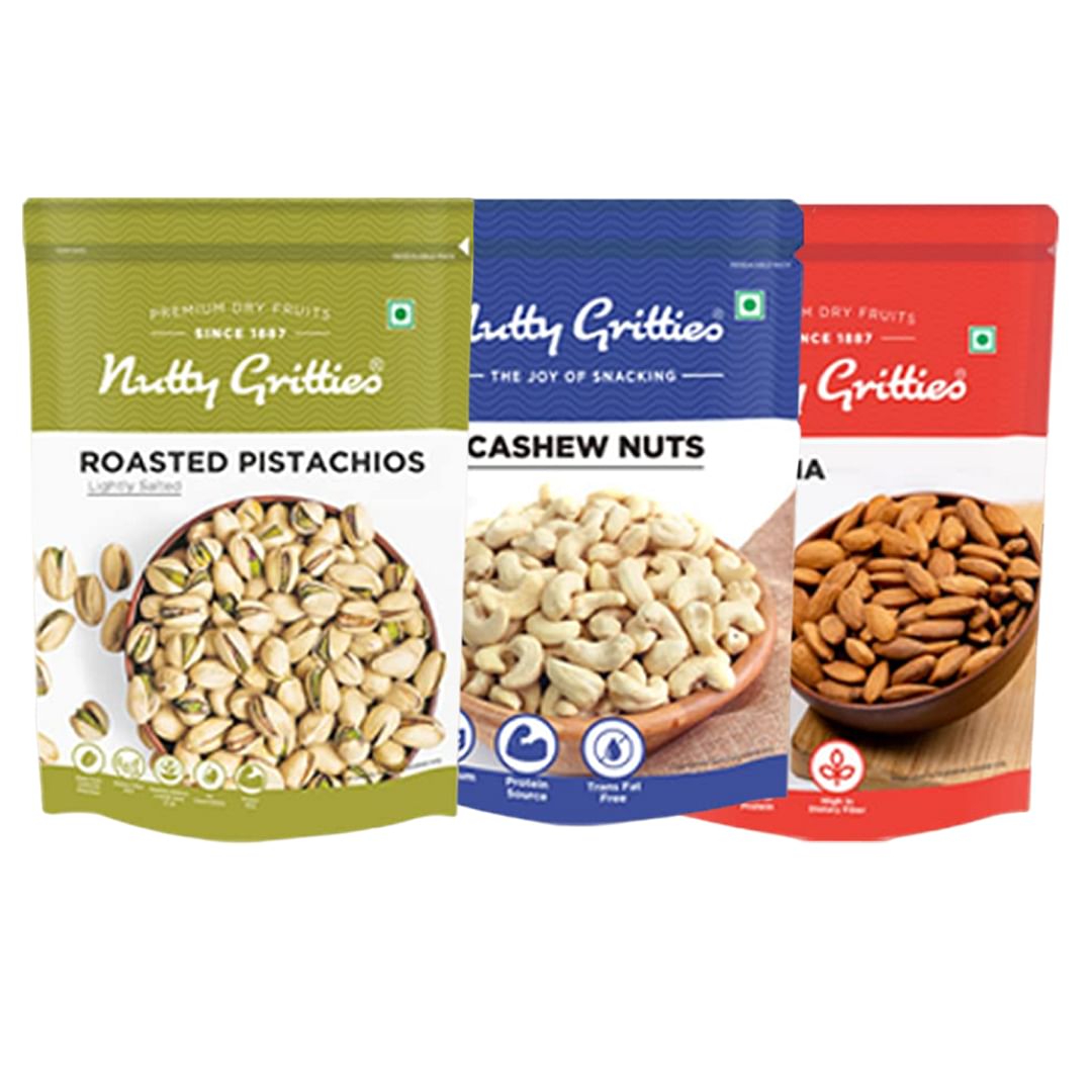 

Nutty Gritties Gift Box - California Almonds, Cashews and Roasted Salted Pistachios (200g Each) - 600g