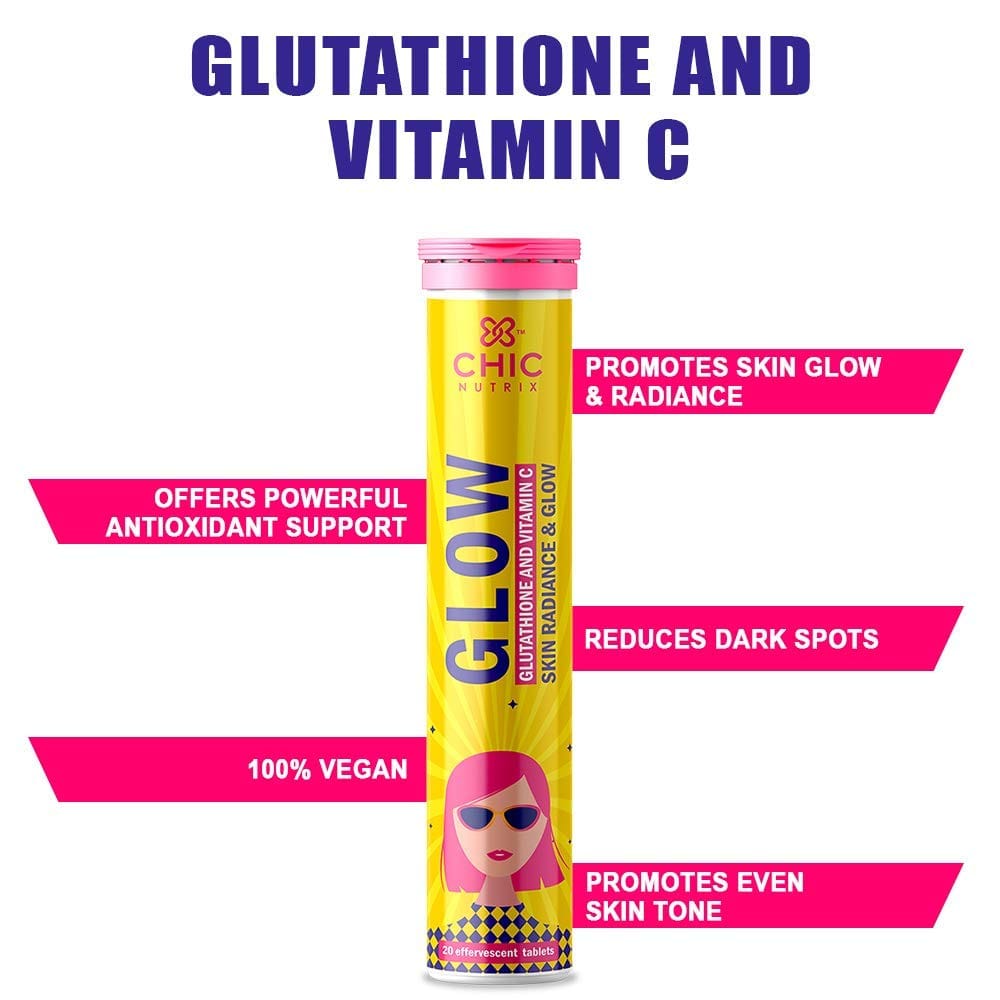 Chicnutrix Glow + Super C Japanese Glutathione 500mg Natural Amla Extract  Vitamin C + Zinc Spotless Acne-free Skin-20 Tablets each Pack of 4  Strawberry Lemon Flavour, Fizzy Orange Flavour