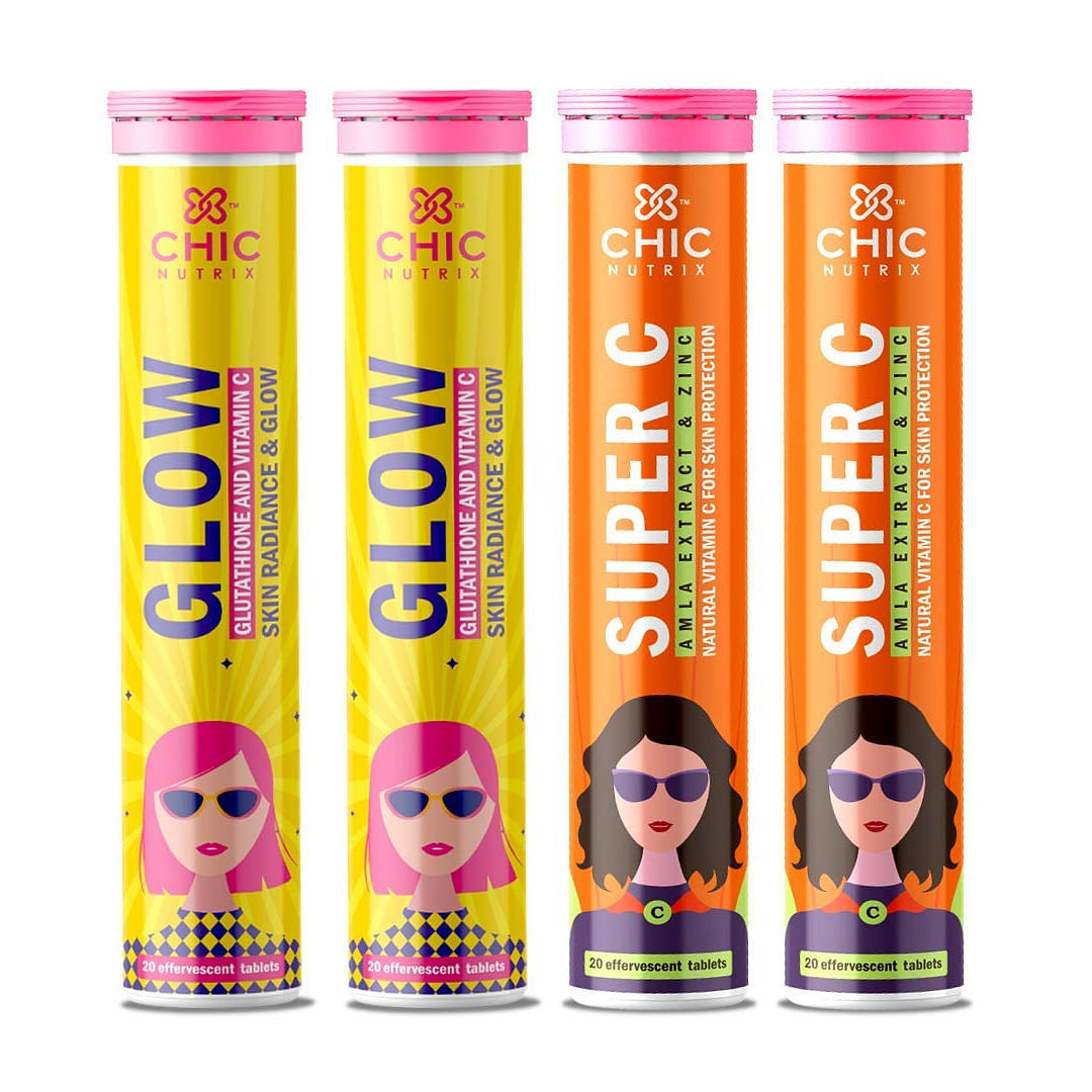 

Chicnutrix Glow + Super C Japanese Glutathione 500mg Natural Amla Extract Vitamin C + Zinc Spotless Acne-free Skin-20 Tablets each Pack of 4 Strawb...