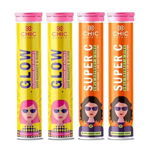 Chicnutrix Glow + Super C Japanese Glutathione 500mg Natural Amla Extract Vitamin C + Zinc Spotless Acne-free Skin-20 Tablets each Pack of 4 Strawberry Lemon Flavour, Fizzy Orange Flavour Chicnutrix Glow + Super C Japanese Glutathione 500mg Natural Amla Extract Vitamin C + Zinc Spotless Acne-free Skin-20 Tablets each Pack of 4 Strawberry Lemon Flavour, Fizzy Orange Flavour