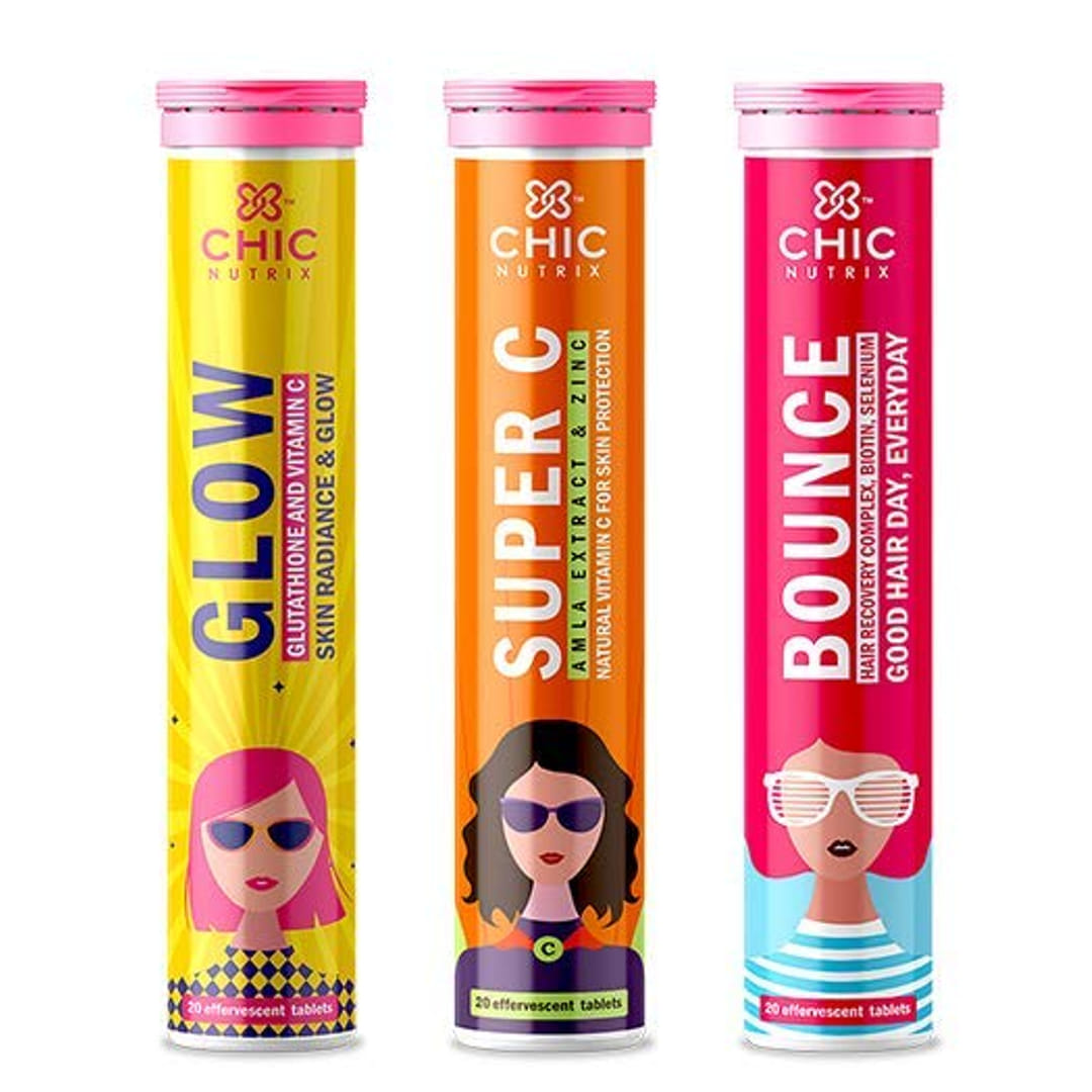 Vitamin C with Skin Care and Hairfall Control Bundle By Chicnutrix Japanese Glutathione, Natural Vitamin C, Zinc for spotless and clear skin, No Added Sugar, 20 effervescent tablets, Multi Flavor