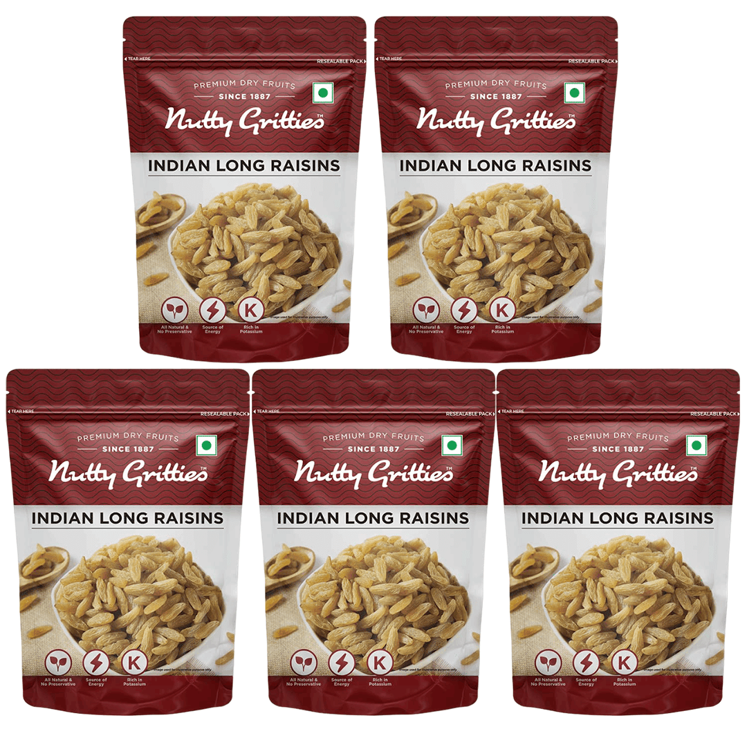 

Nutty Gritties Indian Long Seedless Premium Green Raisins Kishmish, Healthy Snack for Kids, 200g ( Pack of 5 )
