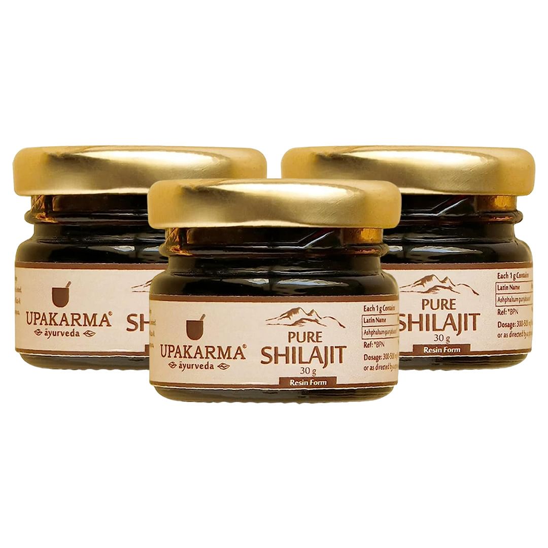 

UPAKARMA Ayurveda Pure, Natural and Original Shilajeet/Shilajit Resin Form 30g Mega Pack For Strength, Stamina, Endurance and Power- Pack of 3