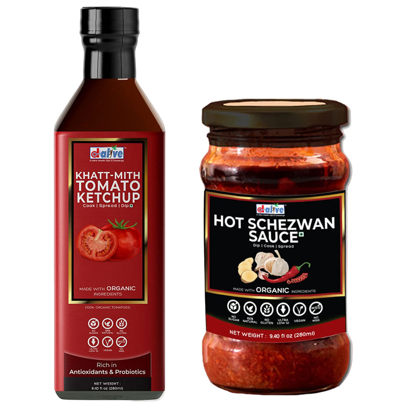 

Khatt-Mith Tomato Ketchup, 280g + Hot Schezwan Sauce, 280g (Sugar-Free, Organic, Gluten-Free, Low Carb, Vegan, Diabetes & Keto Friendly) - Made in ...