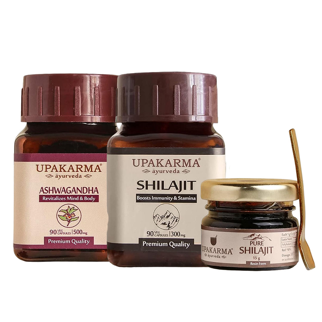 

UPAKARMA Combo Pack of 90 Ashwagandha Extract Capsules, 90 Shilajit Extract Capsules and 15g Shilajit/Shilajeet Resin Pack