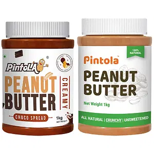 Pintola All Natural Peanut Butter (Crunchy) (1 kg) (Unsweetened, Non-GMO, Gluten Free, Vegan) +  Choco Spread Peanut Butter (Creamy) (1kg)