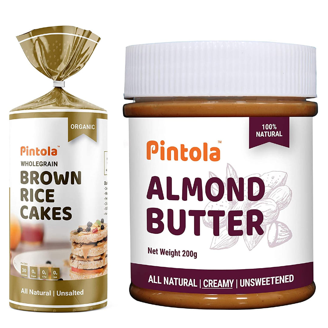 Pintola Organic Wholegrain Brown Rice Cakes (All Natural, Unsalted) (Pack of 1) + Pintola All Natural Almond Butter (Creamy) (200g)