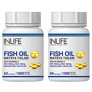 INLIFE Fish Oil Omega 3 Capsules 180mg EPA 120mg DHA Molecularly Distilled Supplements for Men Women, 1000mg - 60 Softgels (Pack of 2)