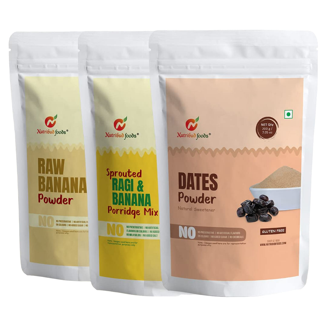 

Nutribud Foods Combo (Pack of 3) - Sprouted Ragi & Banana Porridge Mix (200g) | Raw Banana Powder (200g) | Dates Powder (200g)
