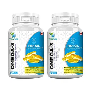 Vedapure Omega 3 Fish Oil Fatty Acids 1000mg (180mg EPA & 120mg DHA) for Healthy Heart, Eyes & Joints for Men & Women - 60 Softgel Capsules (Pack of 2)