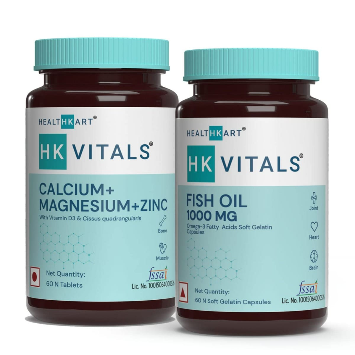 HK Vitals Calcium, Magnesium and Zinc Tablets with Vitamin D3, for Women and Men, 60 Tablets and Fish Oil (1000mg Omega 3 with 180 mg EPA & 120 mg DHA), for Brain, 60 Fish Oil Capsules
