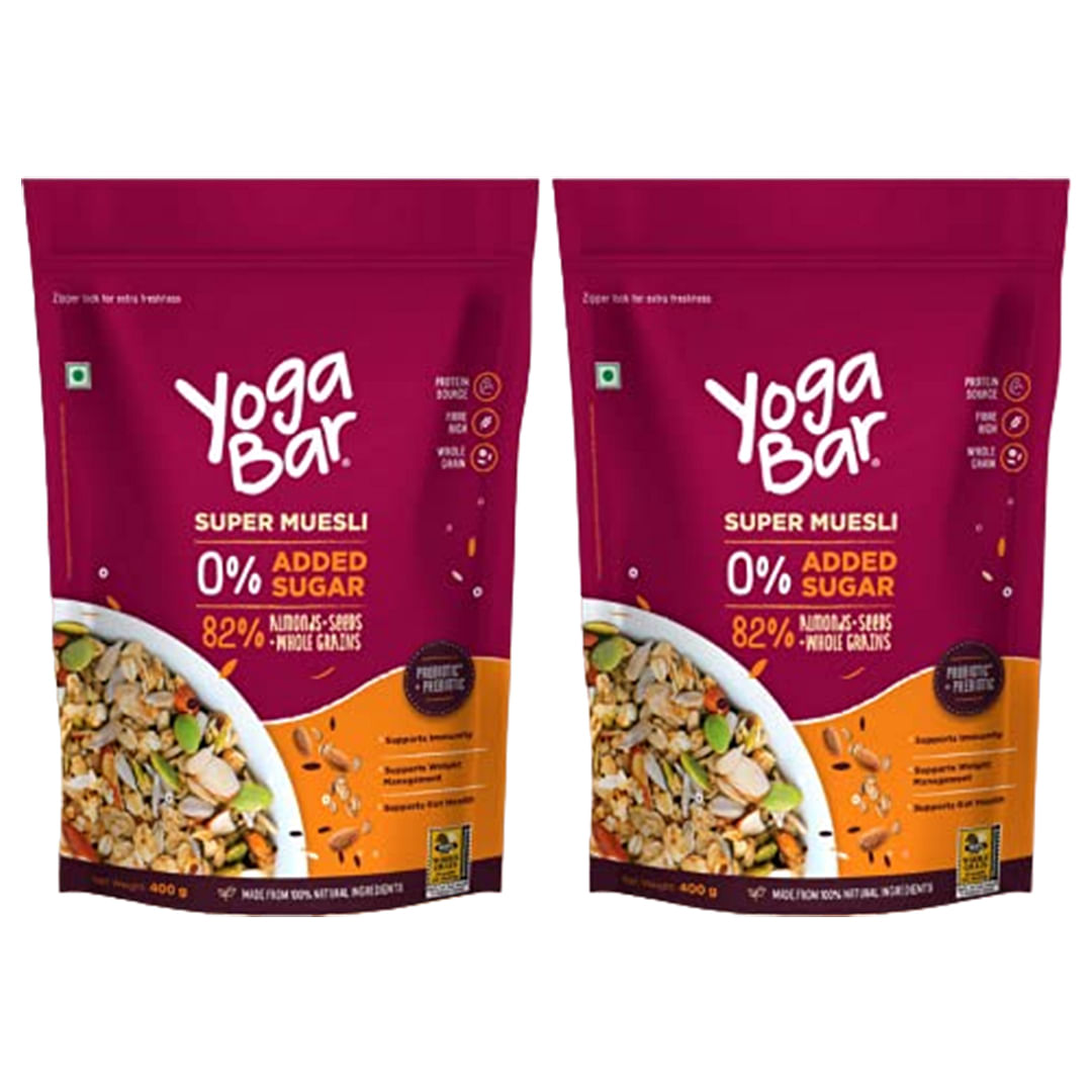 Yogabar Super Muesli, No Added or Hidden Sugar, Breakfast Muesli with  Probiotics & Prebiotics, 82% Almonds + Whole Grains + Chia Seeds + Flax  Seeds, 400gm Each