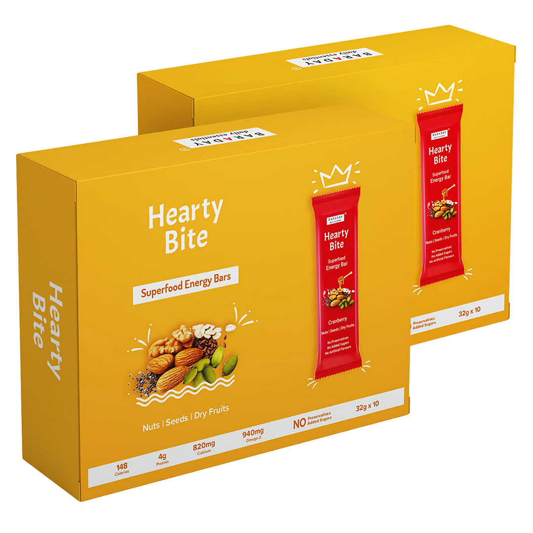 

Hearty Bite Energy Bars (Walnut, Almonds, Chia, Flax Seeds, Pumpkin Seeds, Black Raisins, Oats, Dates)(Cranberry Flavor, Pack of 10 x 2)