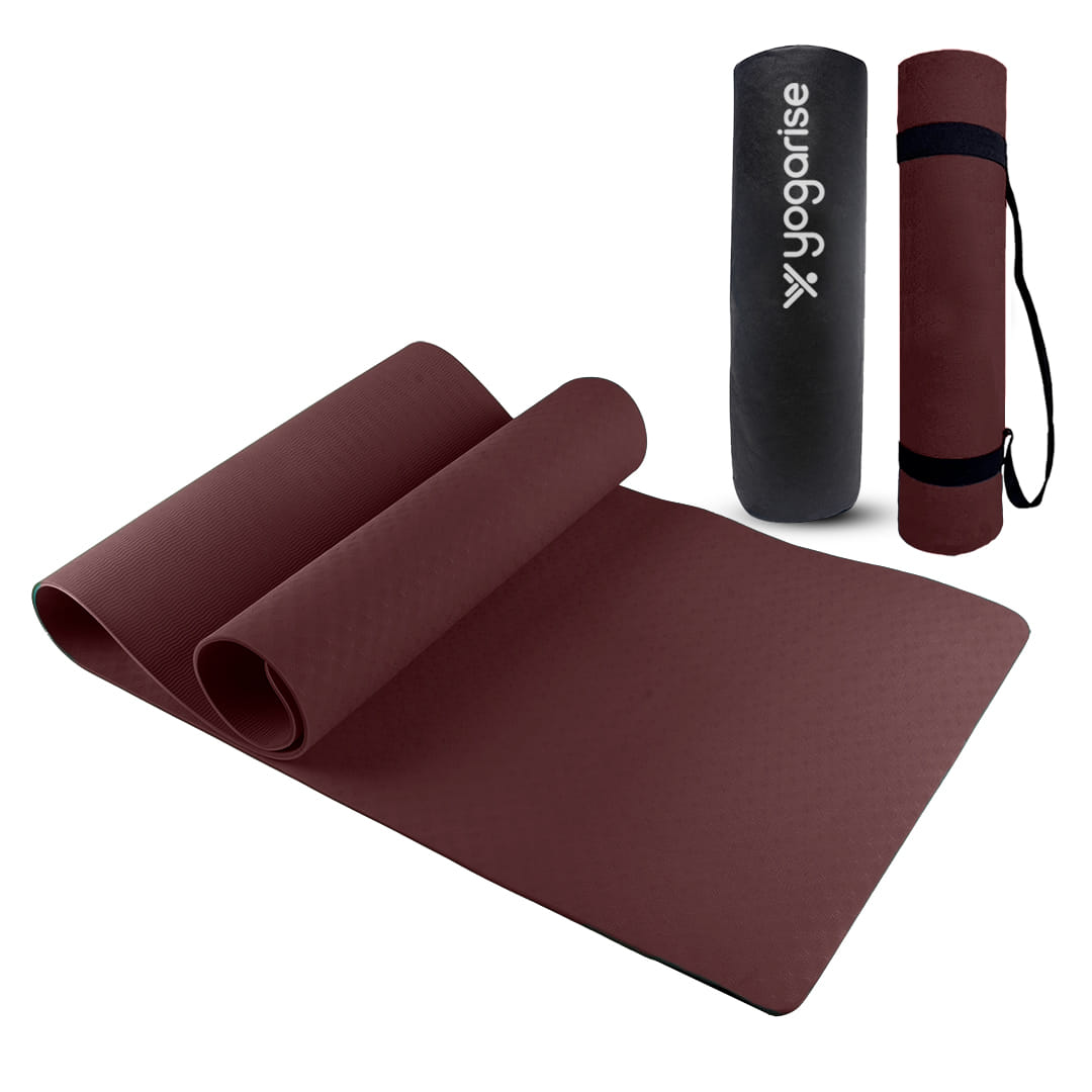 Yogarise Anti-Skid Yoga Mat with Carry Bag & Strap For Home Gym & Outdoor Workout, Water-Resistant, Soft, Easy to Fold (6mm, Wine)