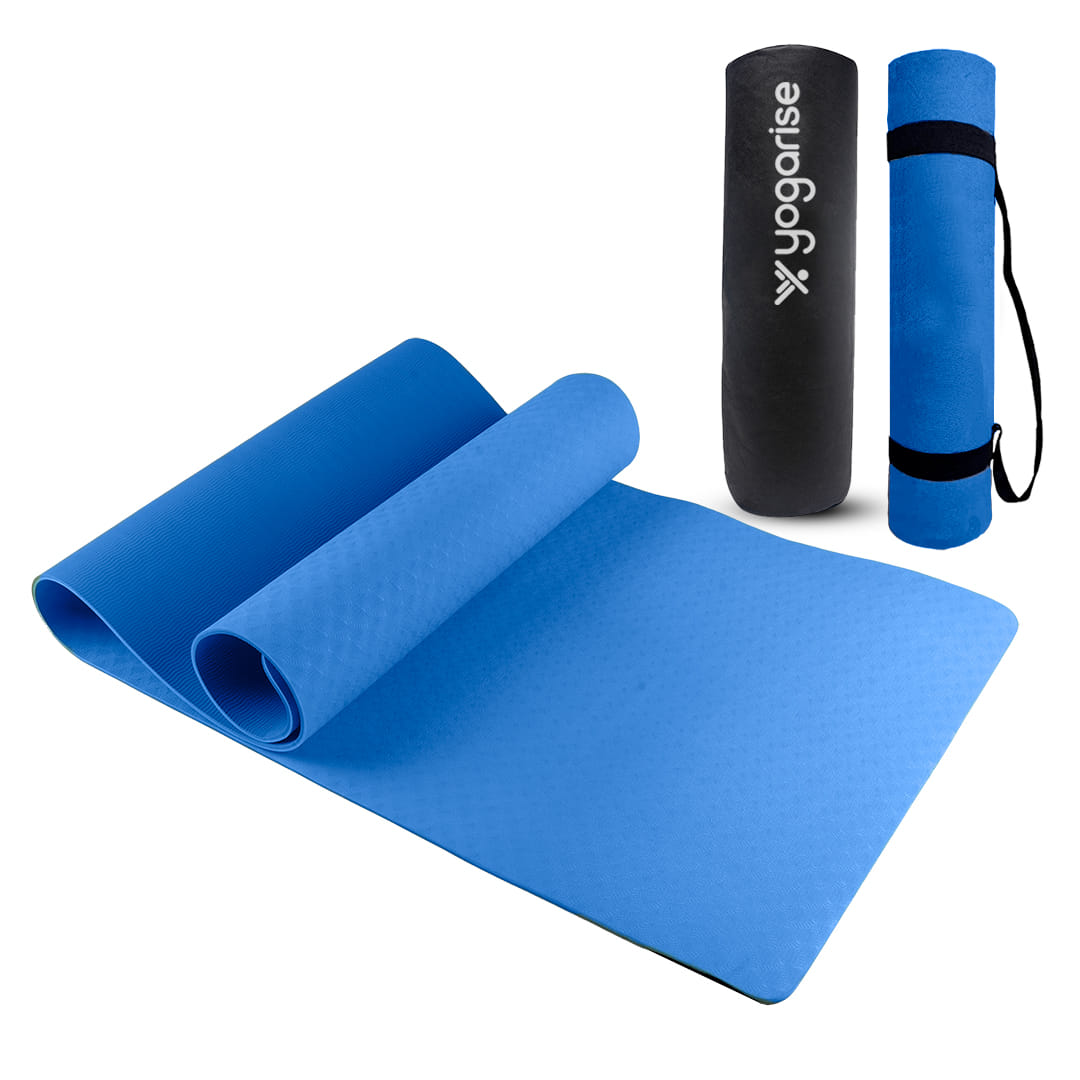 Yogarise Anti-Skid Yoga Mat with Carry Bag & Strap For Home Gym & Outdoor Workout, Water-Resistant, Soft, Easy to Fold (6mm, Blue)