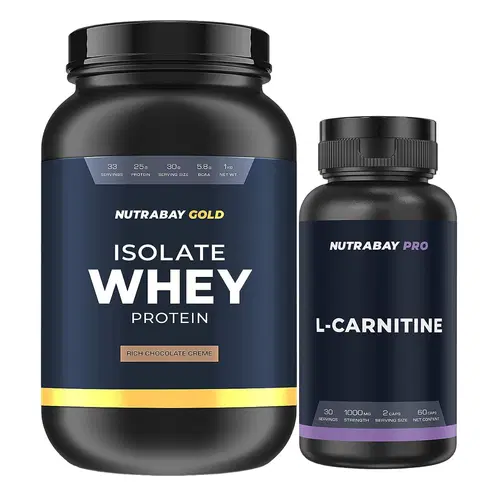 Nutrabay Gold Series 100% Whey Protein Isolate Rich Chocolate Creme 1kg & Nutrabay Pro L-Carnitine - 1000mg, 60 Capsules Nutrabay Gold Series 100% Whey Protein Isolate Rich Chocolate Creme 1kg & Nutrabay Pro L-Carnitine - 1000mg, 60 Capsules