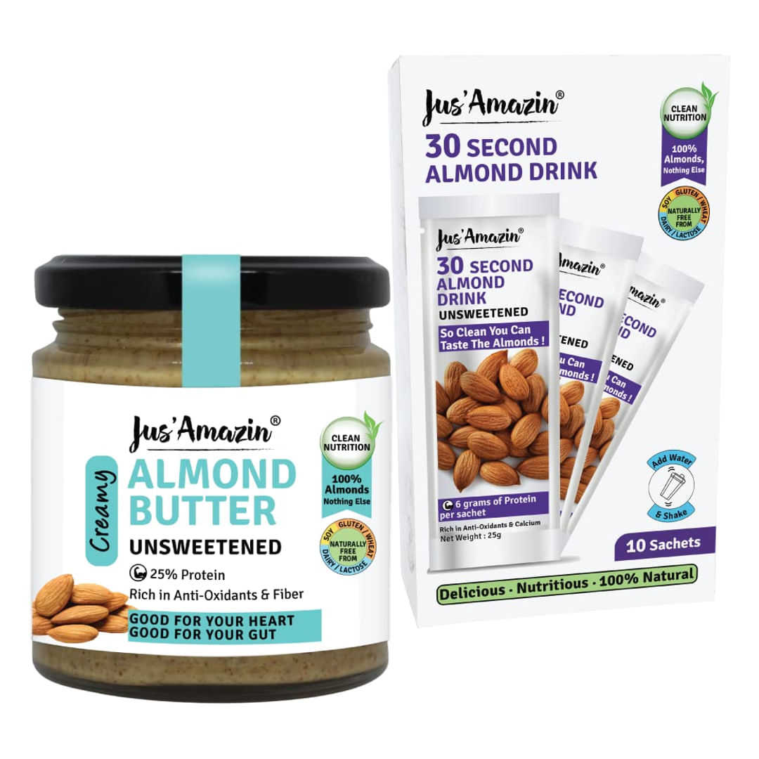 Jus' Amazin Creamy Almond Butter (200g) & 30Second Almond Milk (10 x