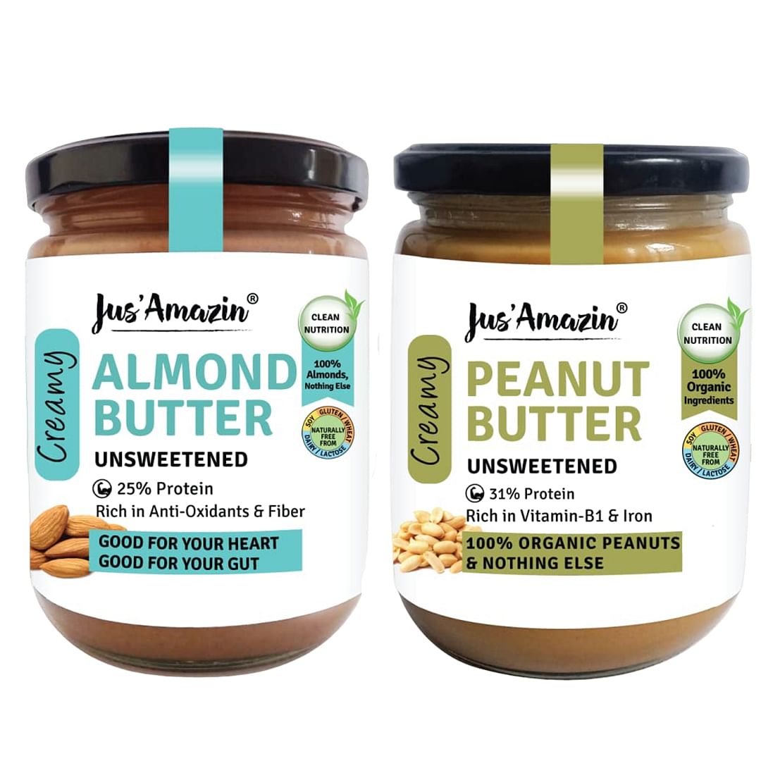 

Jus' Amazin Creamy Almond Butter & Peanut Butter - Unsweetened - Vegan, Gluten Free & Keto - Combo Pack (500g Each)