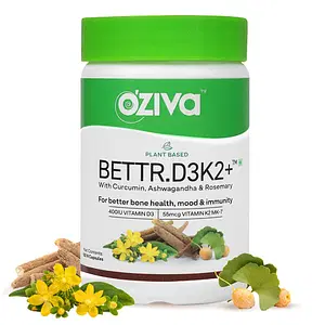 OZiva Bettr.D3K2+ (Plant based Vitamin D3 K2 with Curcumin, Ashwagandha & Rosemary) for Anti-Inflammation, Mood & Immunity, 60 veg Capsules, Certified Vegan
