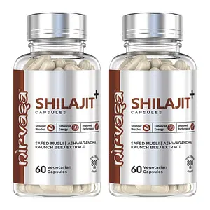 Nirvasa Pure Shilajit + Capsule, for Performance, Vigour & Vitality, enriched with Shilajit, Safed Mulsi, Aswagandha and Kaunch Beej Extract, Vegeterian Capsules, 2B (2 X 60 Capsules)