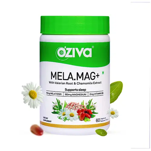 OZiva Mela.Mag+ (10mg Melatonin, Magnesium, Vitamin B6 with Valerian Root,  Chamomile Extract) for Healthy & Deep sleep, 60 Veg Capsules