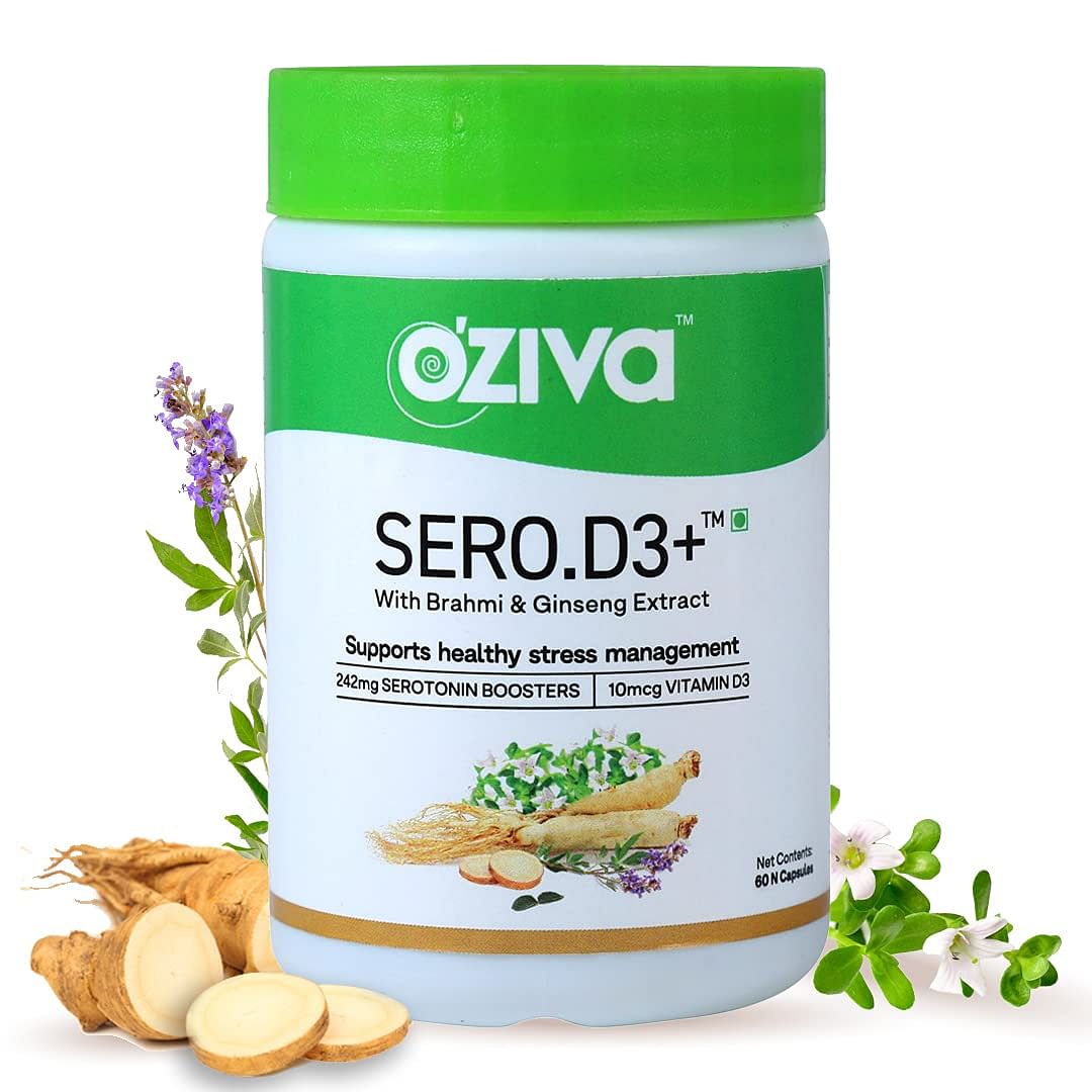 

OZiva Sero.D3+ (Serotonin Boosters With Vitamin D3, Brahmi & Ginseng Extract) Supports Stress & Anxiety Relief, 60 Veg Capsules