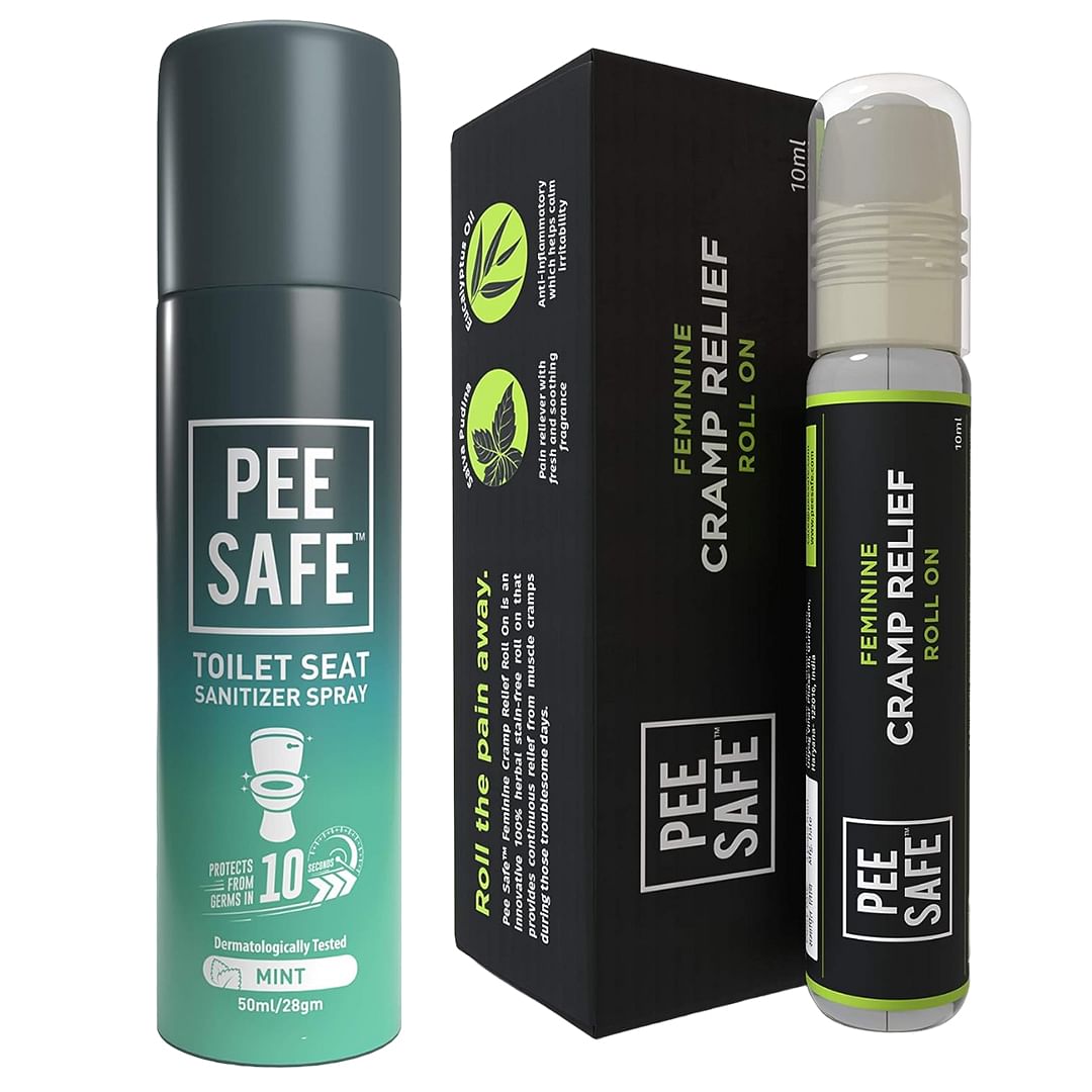 

Pee Safe Toilet Seat Sanitizer Spray 50 ml (Mint) & Pee Safe Feminine Cramp Relief Roll On with Ayurveda Extracts 10 ml