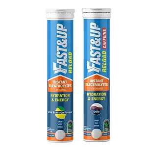 Fast&Up Reload electrolyte energy and hydration - 20 effervescent tabs - Lime and Lemon flavour and Fast&Up Reload electrolyte energy and hydration - 20 effervescent tabs - Cola flavour