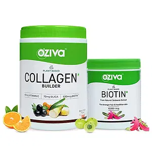 OZiva Plant Based Collagen Builder (With Vitamin C) Classic, 250g & OZiva Plant Based Biotin 10000+ mcg(with Natural Sesbania Agati Extract) For Stronger Hair & Healthier Skin,125g Powder(Combo Pack)