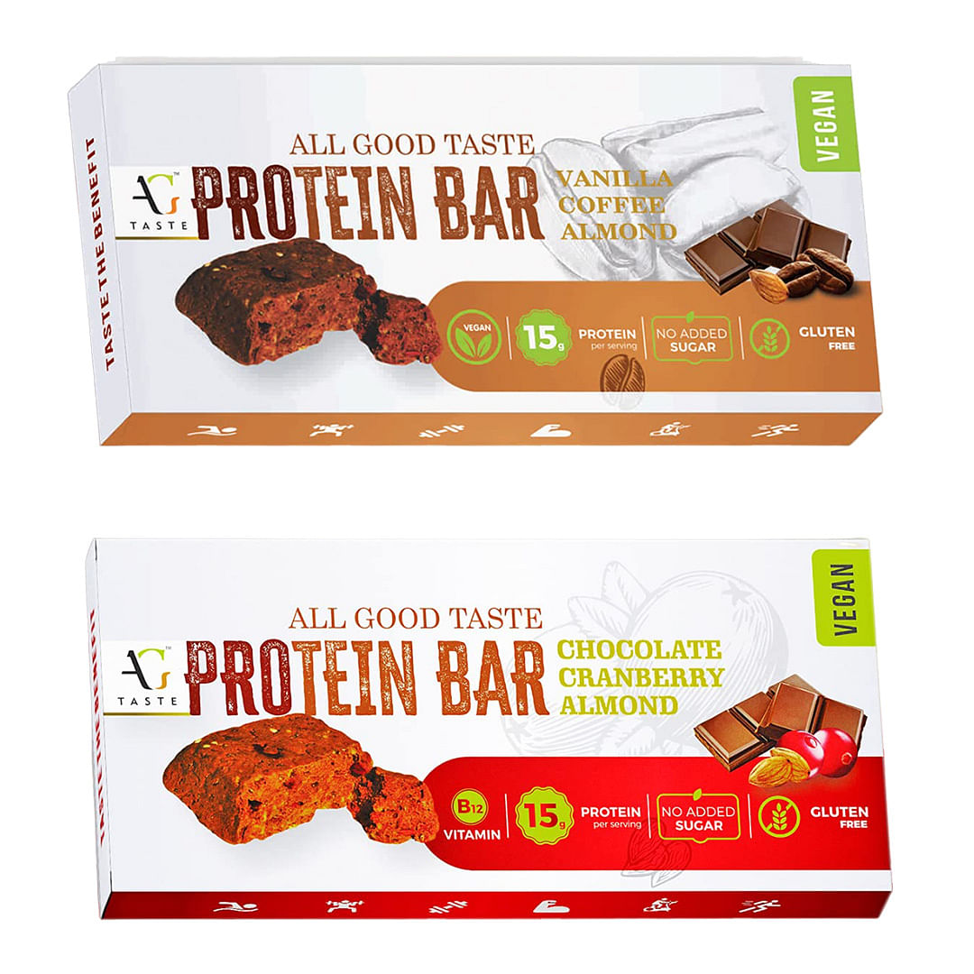 

AG Taste 15G Vegan Protein Bar Combo - Vanilla Coffee Almond & Chocolate Cranberry Almond - 540 g (12x45g), Pack of 6 bars each