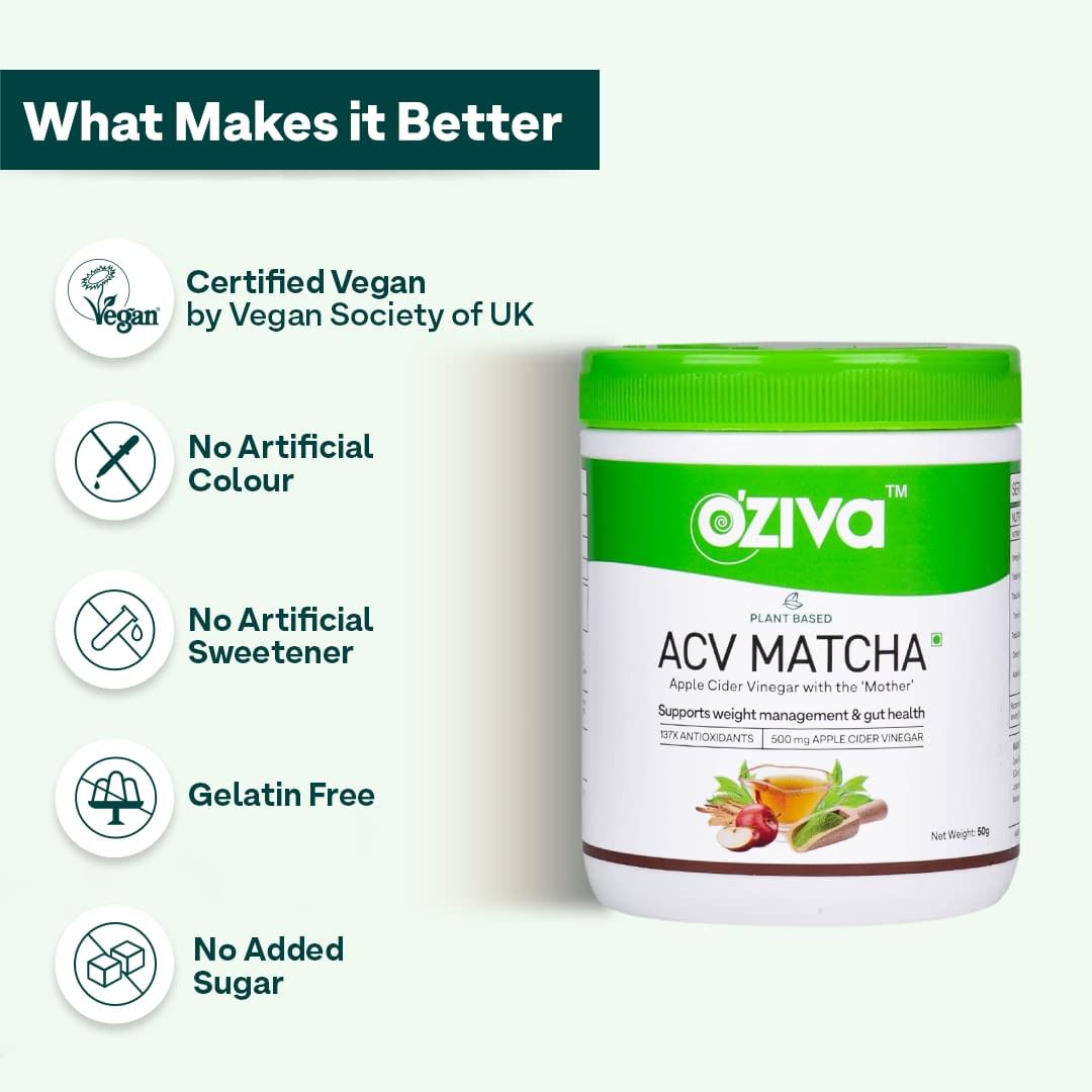 OZiva Plant Based Apple Cider Vinegar Matcha, OZiva ACV with Mother