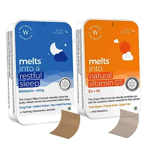 Wellbeing Nutrition Melts Restful Sleep, Plant Based Melatonin 5mg with Melts Natural Vitamin D3 + K2 (MK-7) - (30x2 Oral Thin Strips)