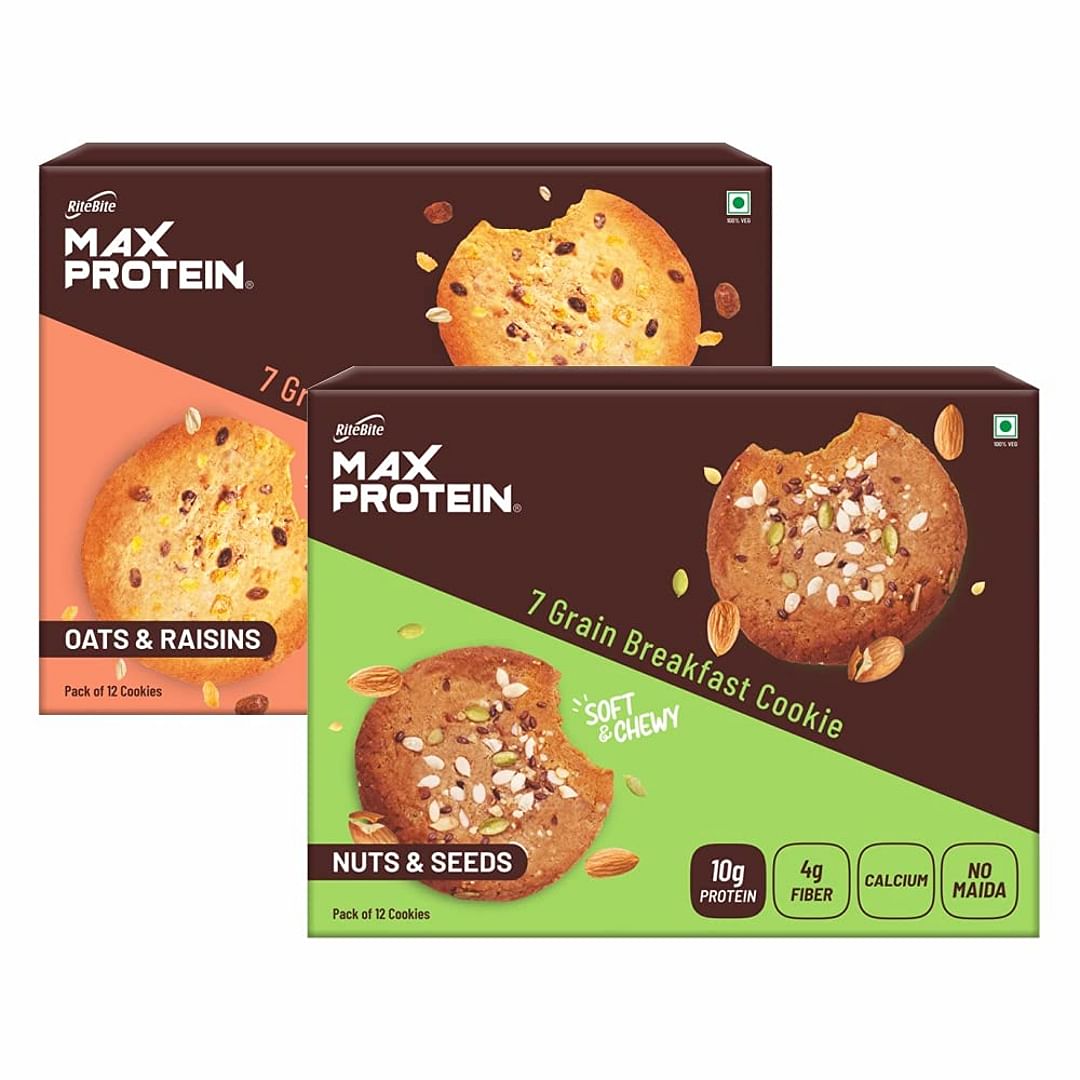 

RiteBite Max Protein 7 Grain Breakfast Cookies Nuts & Seeds 660 g Pack of 12 ( 55g x 12 ) + Oats & Raisins 660 g Pack of 12 ( 55g x 12 ) Combo Prot...