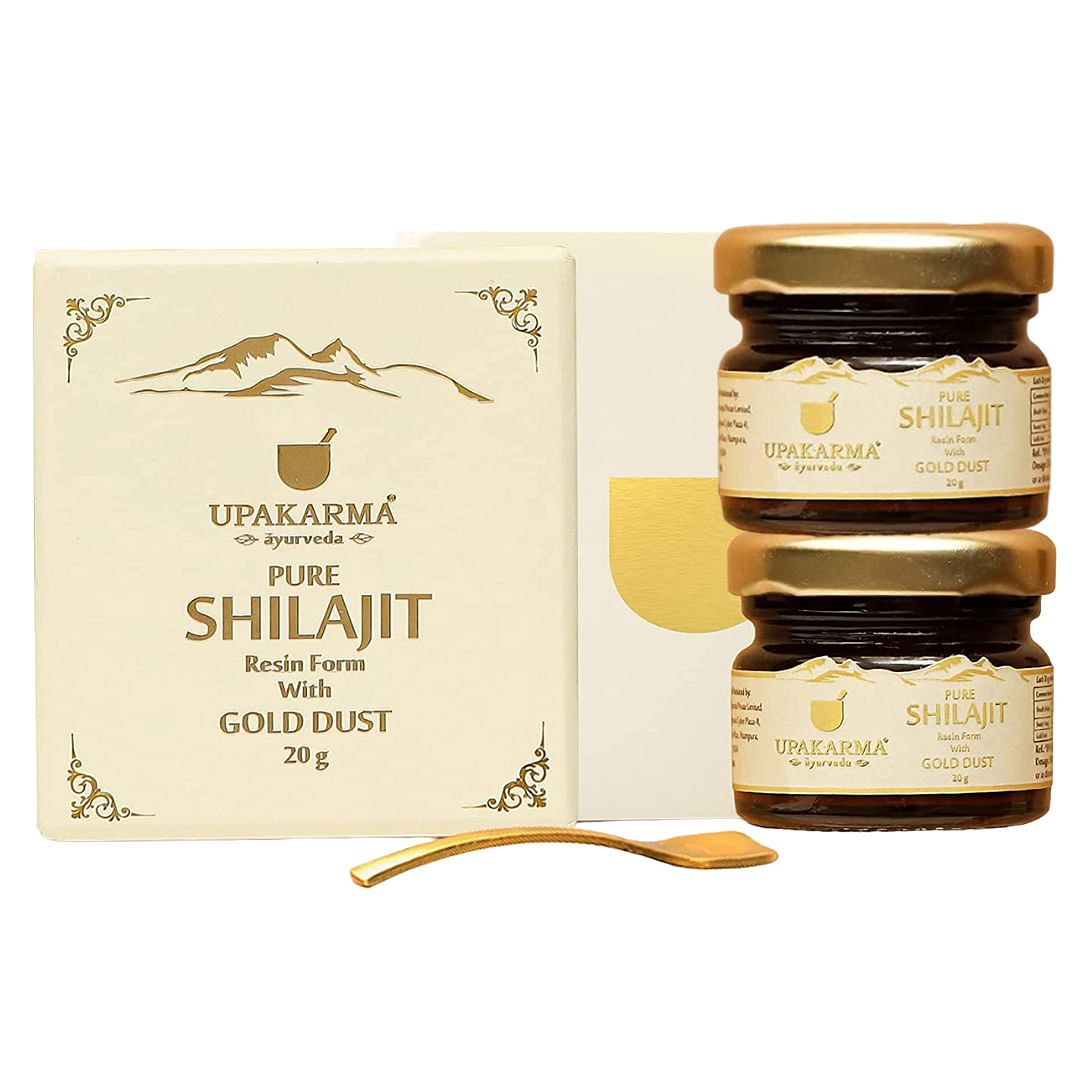 

UPAKARMA Premium Ayurvedic Pure and Natural Shilajit Gold Resin with Pure Gold Dust - 20 Grams Shilajeet - Pack of 2