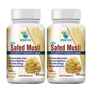 VEDAPURE Organic Safed Musli Capsule Helps in Muscle Mass, Sports Performance, Bones & Joints Boosts Energy, Immunity & Stamina 1000mg/Serving - 60 Capsules (Pack of 2)