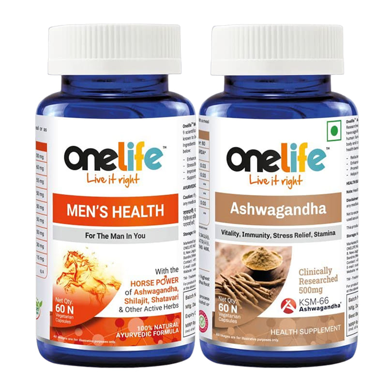 Onelife His Ayurvedic Combo [ Onelife Men's Health with Ashwagandha, Shatavari Herbal Extract For Your Active Health 60 Capsules + Onelife Ashwagandha KSM 66 Clinically Researched 500mg 60 Tablets]-image-0
